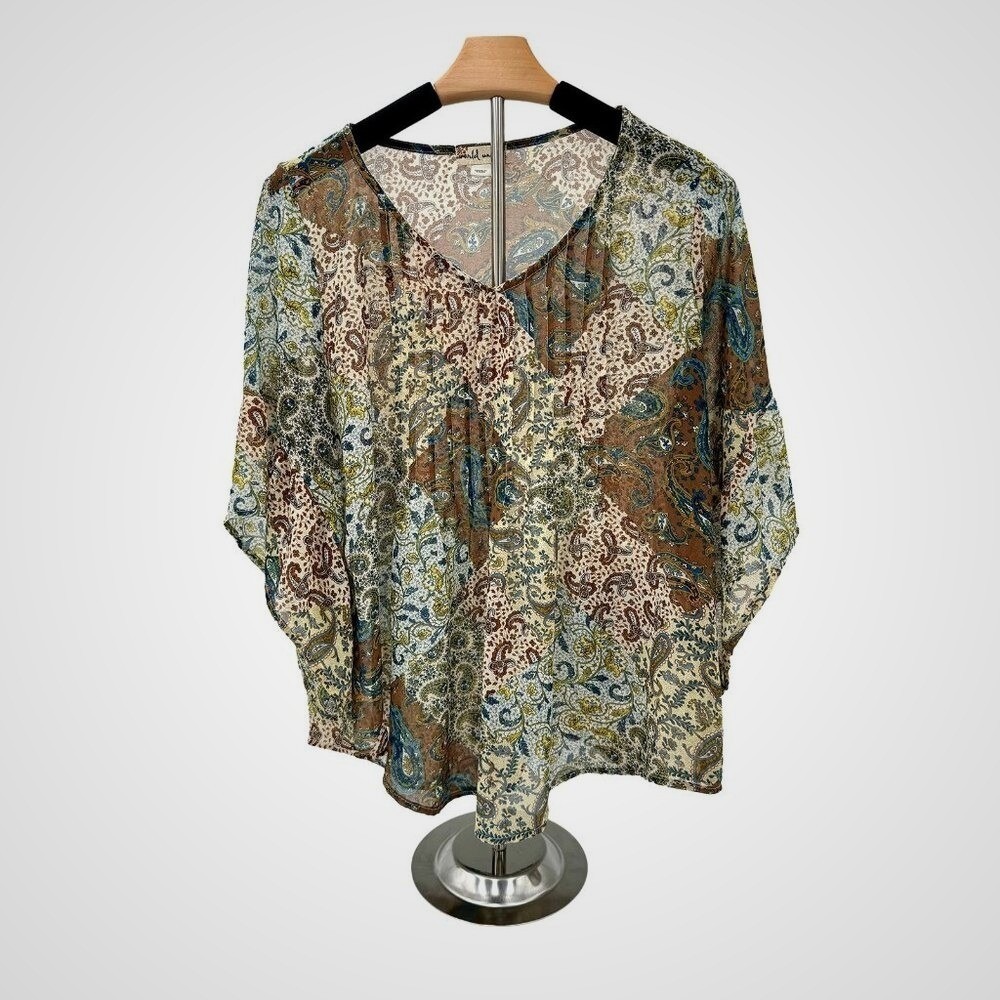 World Unity Paisley Patchwork V-Neck Boho Blouse Brown Blue M